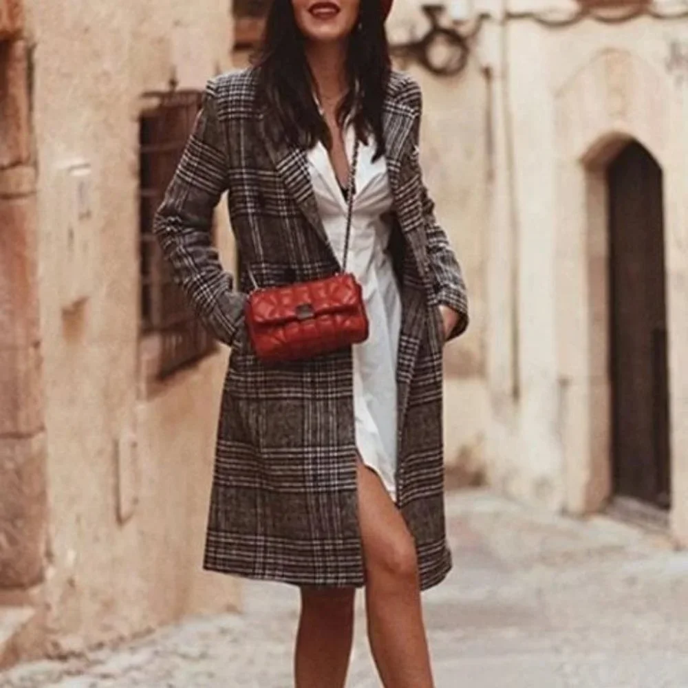 plaid Print Double Breasted Pea Overcoat jacket fall/winter - Picture 4 of 15